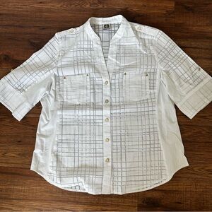 Anne Klein White Sheer Plaid Casual Button Down Shirt Large